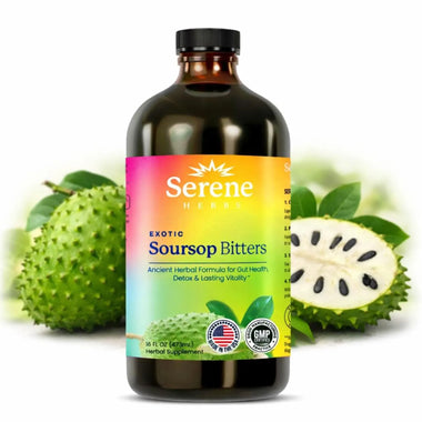 Serene Herbs Soursop Bitters Liquid with Soursop Leaf, Black Seed, Moringa, Irish Moss, Ashwagandha & Turmeric for Gut Support, Cleanse, Detox & Immune Health, 16 fl oz, Traditional Flavor