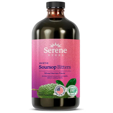 Serene Herbs Soursop Bitters Liquid with Soursop Leaf, Black Seed, Moringa, Irish Moss, Ashwagandha & Turmeric for Gut Support, Cleanse, Detox & Immune Health, 16 fl oz, Mixed Berry
