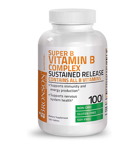 Bronson Super B Vitamin B Complex Sustained Slow Release (Vitamin B1, B2, B3, B6, B9 - Folic Acid, B12) Contains All B Vitamins 100 Tablets