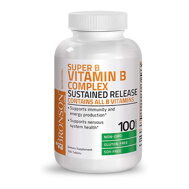 Bronson Super B Vitamin B Complex Sustained Slow Release (Vitamin B1, B2, B3, B6, B9 - Folic Acid, B12) Contains All B Vitamins 100 Tablets