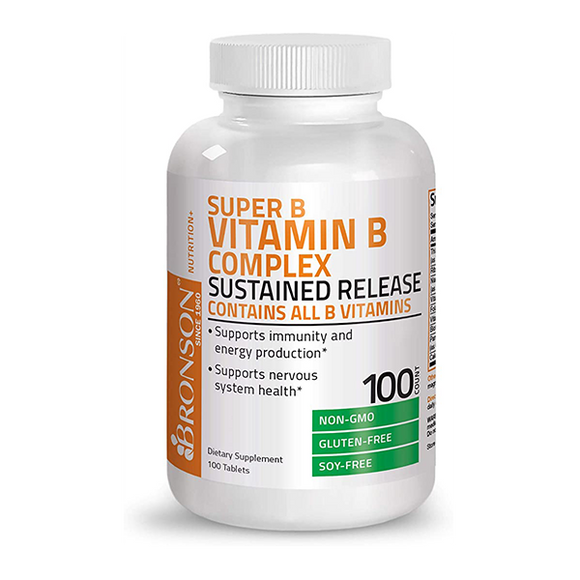 Bronson Super B Vitamin B Complex Sustained Slow Release (Vitamin B1, B2, B3, B6, B9 - Folic Acid, B12) Contains All B Vitamins 100 Tablets