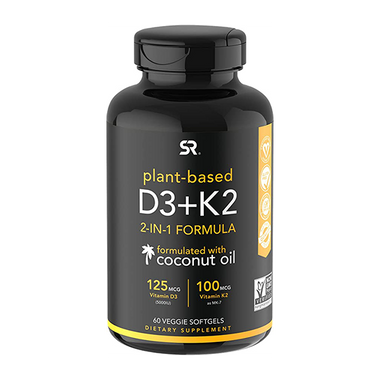Vitamin D3 + K2 with Organic Virgin Coconut Oil | Plant-Based Vegan D3 (5000iu) with MK7 Vitamin K2 (100mcg) from Chickpea | Non-GMO & Vegan Certified (60 Veggie Softgels)