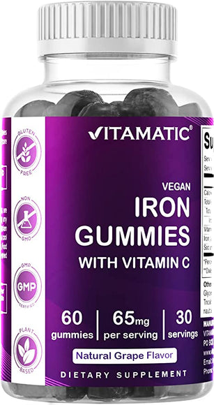 Vitamatic Iron 65 mg Gummies Supplement for Women & Men - 60 Vegan Gummies - Great Tasting Iron Gummy Vitamins with Vitamin C (1)