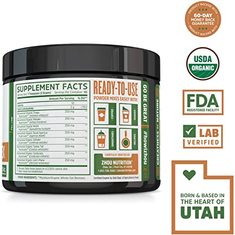 8-Plex Organic Mushroom Powder for & Brain Power, Boost Immune Support, Energy, Endurance