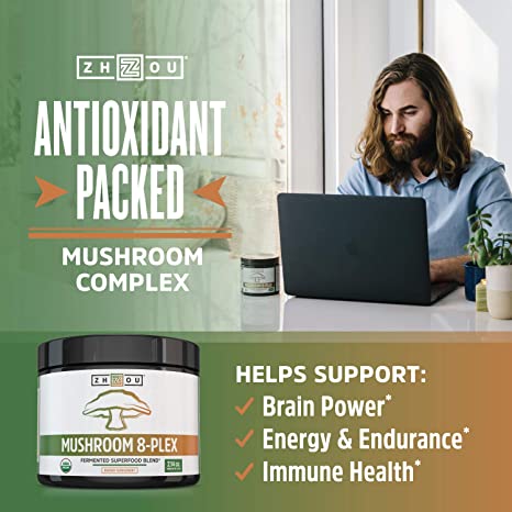 8-Plex Organic Mushroom Powder for & Brain Power, Boost Immune Support, Energy, Endurance