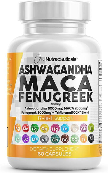 Ashwagandha 5000mg Maca Root 2000mg Fenugreek 3000mg Supplement with Tongkat Ali Ginseng - Assists with Stress, Mood & Thyroid Health - Ashwagandha Capsules Maca Pills Fenugreek Caps USA - 60 Count