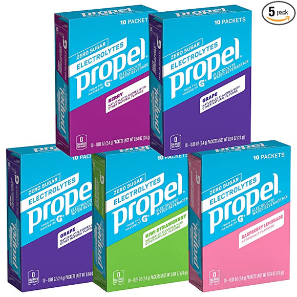 Propel Powder Packets 4 Flavor Variety Pack With Electrolytes, Vitamins and No Sugar 10 Count (Pack of 5)