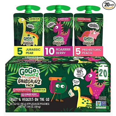 GoGo squeeZ fruit & veggieZ Dino Kids Snacks Variety Pack, 3.2 oz. (20 Pouches)
