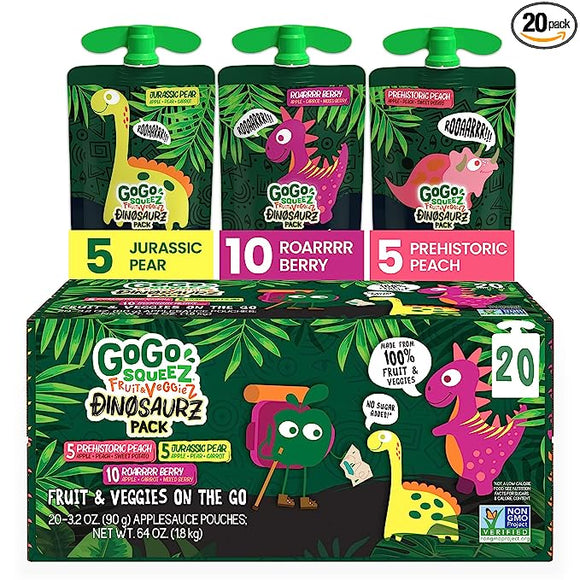 GoGo squeeZ fruit & veggieZ Dino Kids Snacks Variety Pack, 3.2 oz. (20 Pouches)